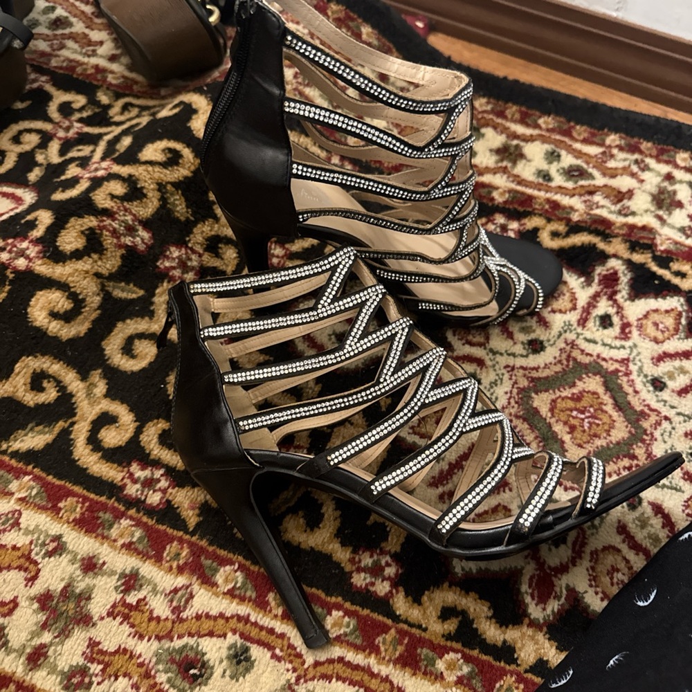 Black Strappy Stiletto Heels with Cage Design